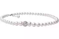 Perlenkette weiß mit Silber/Zirkonia-Perle, 7-10 mm, 43 cm in der Länge variierbar, 925er Silber, Gaura Pearls, Estland