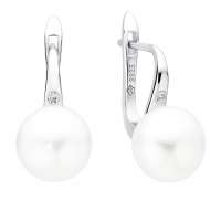 Eleganter Perlenohrring weiß rund 10-10.5 mm, 1 Zirkonia, Englischer Verschluss, 925er Silber, Gaura Pearls, Estland