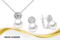 Schmuckset weiße runde Perlen mit Zirkonia Perlenkette und Perlenohrringe