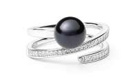 Geschwungener Ring mit schwarzer Perle 8-8.5 mm, Zirkonia, 925er rhodiniertes Silber, Gaura Pearls, Estland