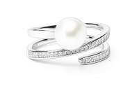 Geschwungener Ring mit weißer Perle 8-8.5 mm, Zirkonia, 925er rhodiniertes Silber, Gaura Pearls, Estland