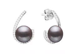 Eleganter Perlenohrstecker schwarz rund 9-10 mm, Zirkoniabogen, 925er Silber, Gaura Pearls, Estland