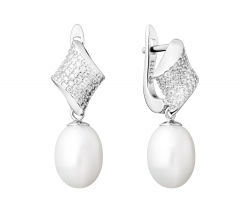 Eleganter Perlenohrring weiß tropfen 8-8.5 mm, Zirkonia, Englischer Verschluss, 925er Silber, Gaura Pearls, Estland
