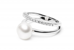 Eleganter Ring mit weißer Perle und parallelem Zirkoniaring, 925er rhodiniertes Silber, Gaura Pearls, Estland