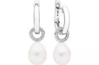 Eleganter Perlenohrring in rhodiniertes 925er Silber, weiße Perle, reisförmig, Zirkonia