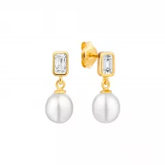 Perlenohrstecker mit weißer Süßwasserzuchtperle 7-7,5 mm, Zirkonia im Baguetteschliff, 585 Gelbgold plattiert auf 925er Silber, Gaura Pearls, Estland